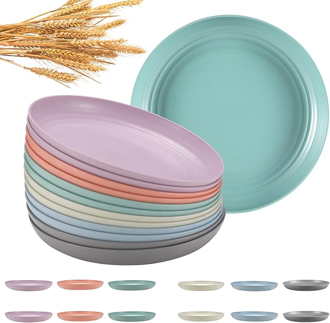 12 Pcs Unbreakable Deep Dinner Plates Set, 10 inch Reusable Plastic Wheat Straw Plates, Microwave and Dishwasher Safe Plate for Kitchen, Lightweight Plate for Dessert, BPA Free, 6 Colors