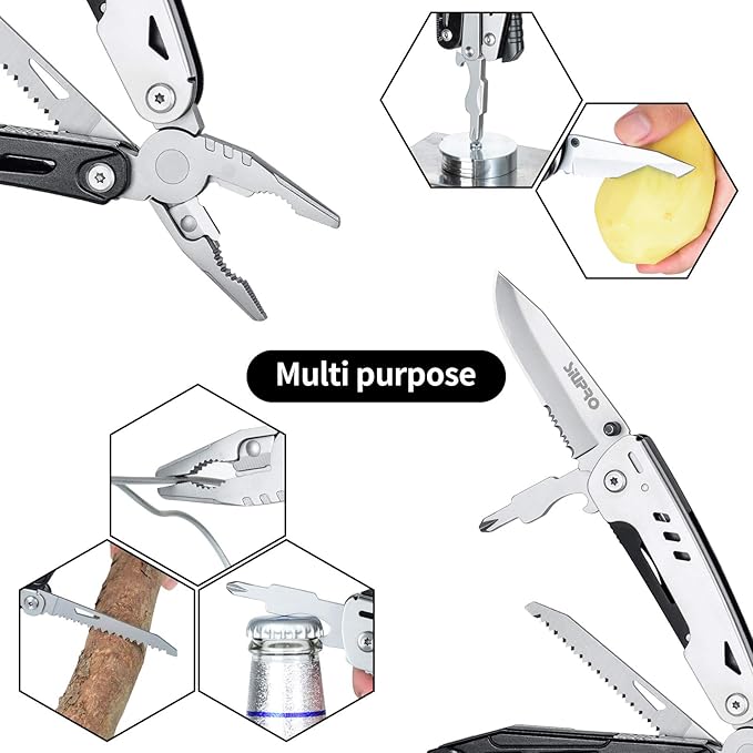 Multitool Pocket Knife for Men, Tactical Multi Tool Saw, Screwdriver kit, Flint with Nylon Pouch, Detachable Large Scissors for Camping, Hunting