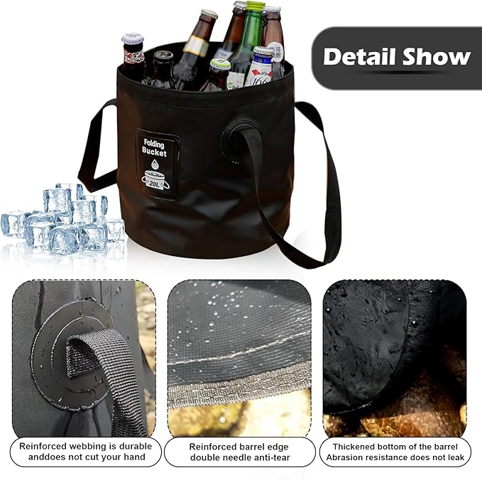 Collapsible Bucket with Handle, Lightweight Folding Water Container, Portable Collapsible Bucket for Fishing, Camping, Hiking, Backpacking, Outdoor Survival, Car Washing Black 20L