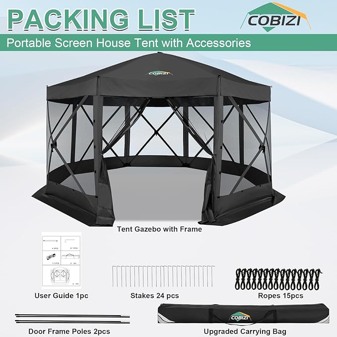 COBIZI 15x15ft Extra Large Pop-Up Gazebo Canopy Tent with Mosquito Netting, Spacious Easy Set-Up Screened Shelter, Durable Outdoor Pavilion with Ground Stakes, Perfect for Patio, Backyard,Black