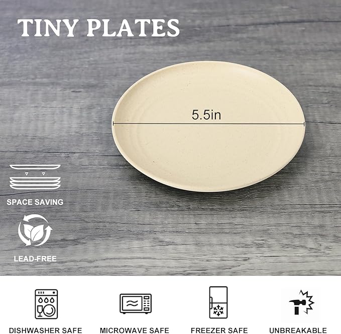 5.5 Inches Handy Appetizer Plates Set of 8 - Small Wheat Straw Plates for Dessert - Unbreakable Sidedishes Plate Sets for Kitchen and Party Beige Series