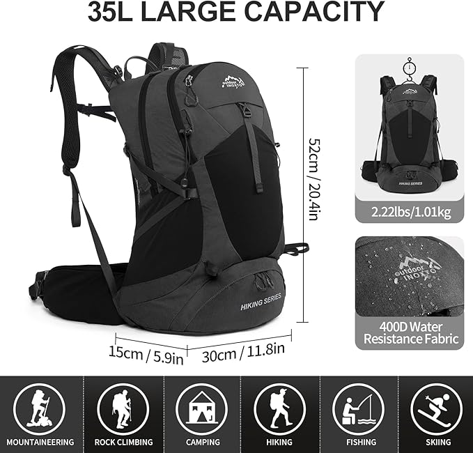 Hiking Backpack,35L Waterproof Hiking Daypack with 3L Water Bladder and Rain Cover, Lightweight Travel Camping Backpack for Men Women (Black)