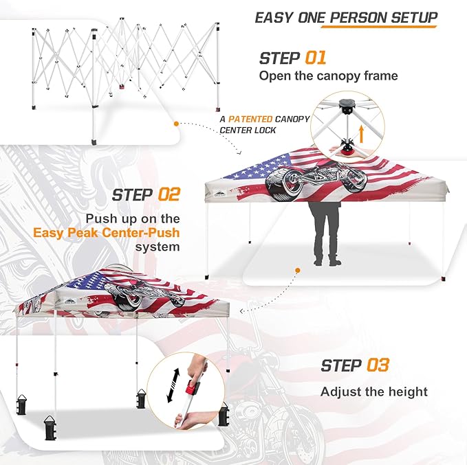EAGLE PEAK Pop Up Canopy Tent with Wheeled Carry Bag, 8 Stakes, 4 Ropes, 4 Weight Bags, Easy Set Up Tent Canopy, 10x10 ft, 100sqft of Shade, Motorcycle Skull