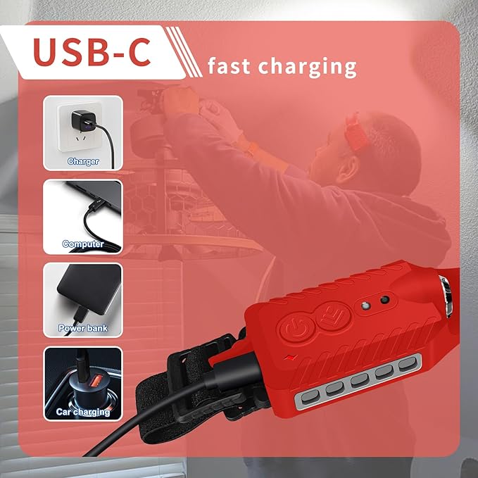 Rechargeable LED Headlamp (Red), 400 Lumens, 230° Wide Beam, USB-C, IPX4, 5 Modes — Lightweight, Adjustable Headband; Hard Hat Clips for Camping, Hiking, Running & Repairs