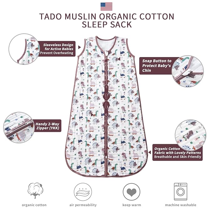 Baby Sleep Sack 2-4 T Baby Wearable Blanket 100% Organic Cotton 0.5 TOG Toddler Sleep Sacks 2- Way Zipper Soft 4 Layers 2T 3T 4T Dinosaur