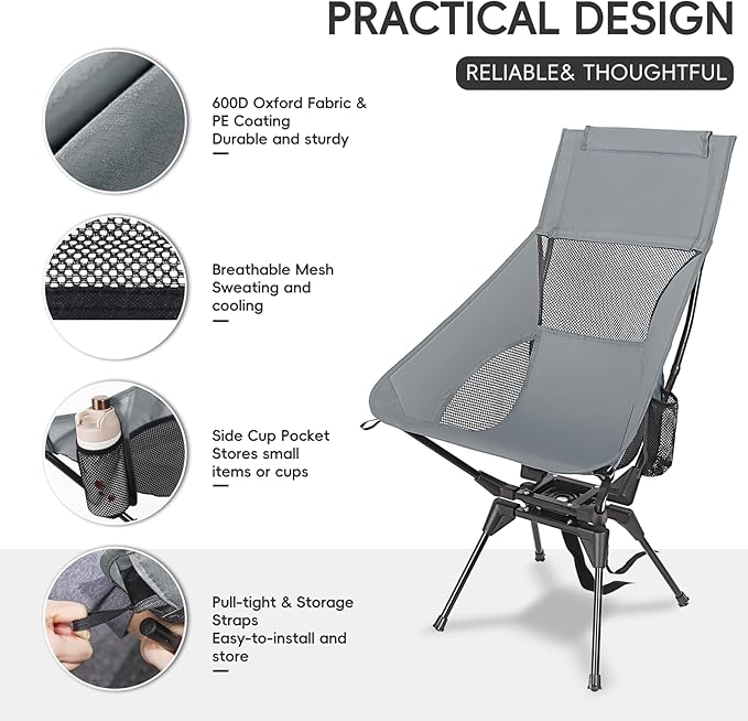 Swivel Camping Chair, High Back Folding Chair with Head Support, Side Cup Pocket, Stable Portable Outdoor Chair for Camp, Travel, Beach, Party, Fishing, Hiking, Backpacking, Black Red