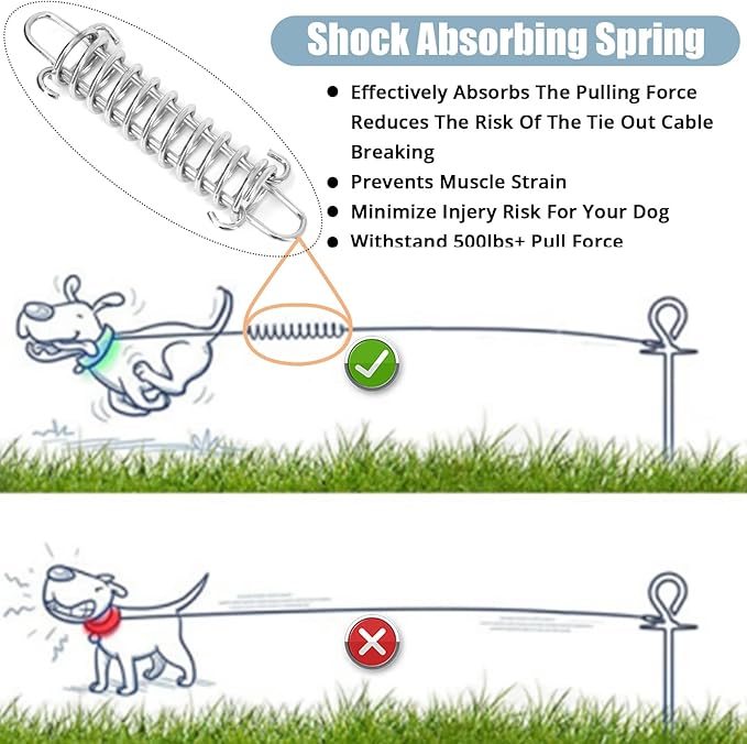 Jenico Dog Tie Out Cable - 10/15/20/30/40/50/70/100/150FT Runner Cable with Swivel Hook and Shock Spring, for Small to Medium Pets Up to 500 LBS