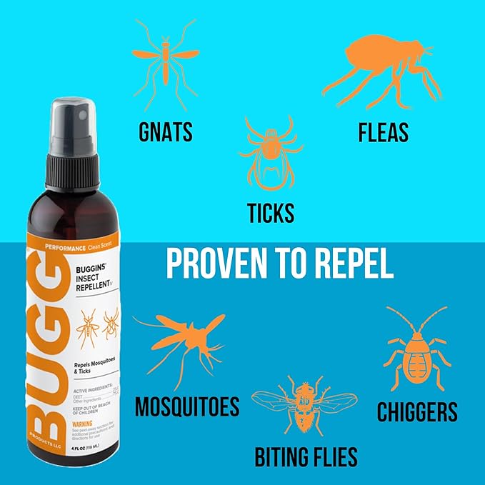 BUGGINS IV Performance - Insect Repellent - Mosquitoes, Gnats, Ticks, and Biting Flies, 25% DEET, Powdery Scent - 4 oz Pump Spray Bottle