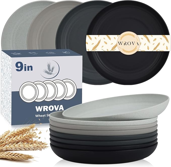 Wheat Straw Dinner Plates - 9 Inch Unbreakable Set of 8 - Dishwasher & Microwave Safe Reusable Plates - Lightweight for Kitchen & Camping (Classic Series)
