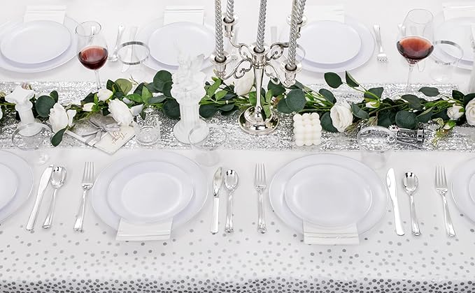 Festiva 176Pcs Silver Plastic Christmas Plates - Party Plates and Cups and Napkins Sets: 25Dinner Plates 25Dessert Plates 25Cups 25 Cutlery 25 Napkins 1Tablecloth for New Year Party&Wedding&Christmas