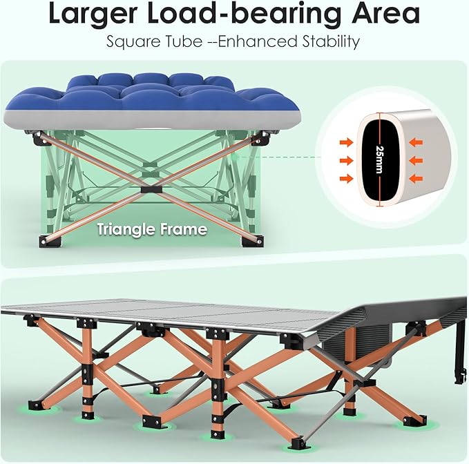 Suteck Camping Cot, Folding Camping Cot Bed for Adults Sleeping 1200D Double Layer Oxford Portable Folding Outdoor Cots for Camping W/Soft Pad Carry Bag for Home Office Nap Beach Travel, Stripe Blue
