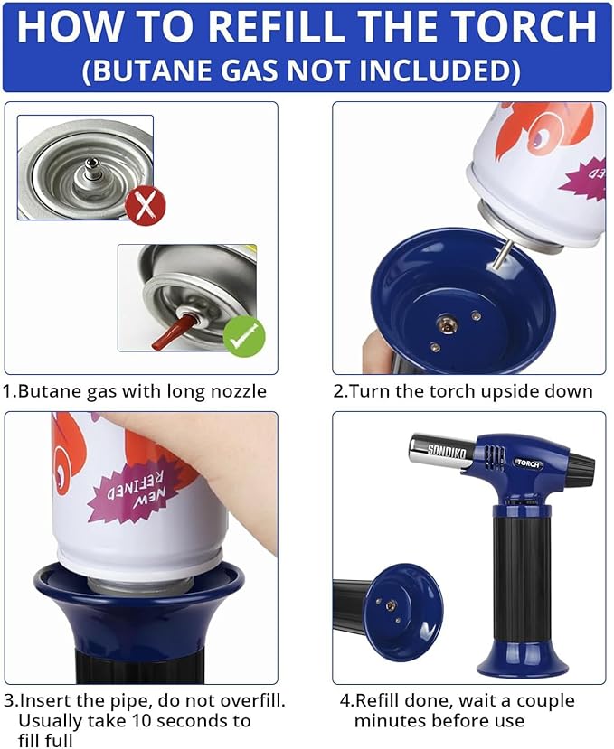 Sondiko Butane Torch Lighter, Refillable Blow Torch with Safety Lock and Adjustable Flame for Desserts, Creme Brulee, and Baking, Blue