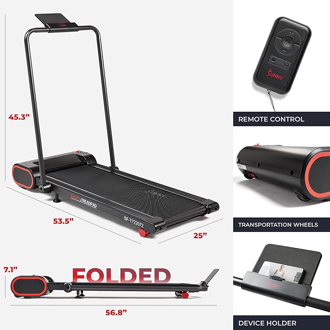 Sunny Health & Fitness Slim Under Desk Walking Compact Treadpad Treadmill with Remote Control, Digital Display, Shock Absorption, Optional Trekking Poles, Free SunnyFit App Bluetooth Connectivity