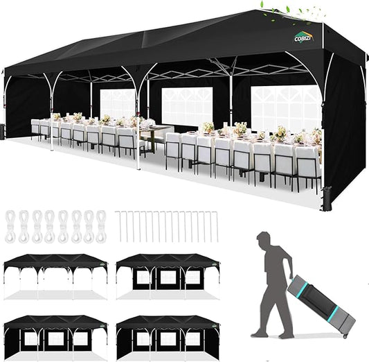 COBIZI 10X30 Party Tent 10x30 Pop Up Canopy Tent for Parties with Wheeled Bag|Push Center Lock & 5 Sidewalls|Waterproof & UPF50+|Gazebo Outdoor Canopy for Wedding,BBQ with 8 Stakes & 16 Ropes,Black