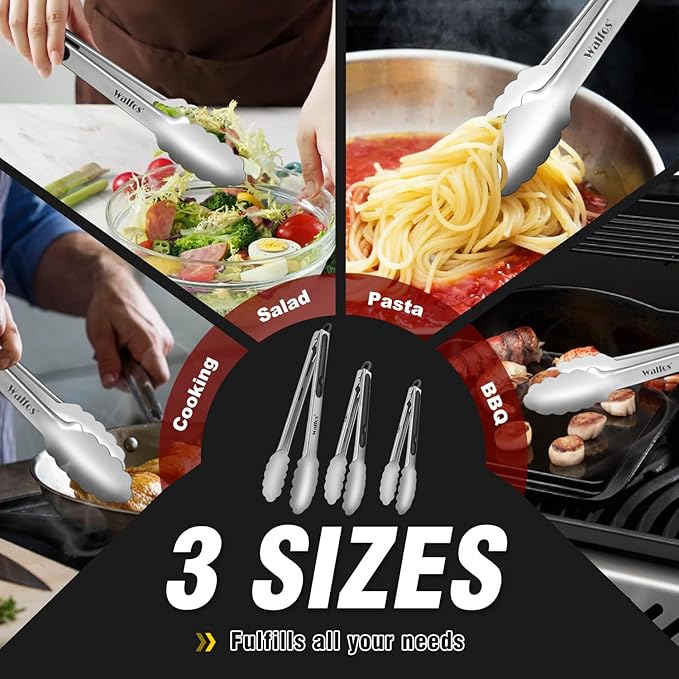 Food Grade Stainless Steel Kitchen Tongs for Cooking,BBQ - 7 ,9 and 12 Inch,Set of 3 Heavy Duty Locking Metal Food Tongs Non-Slip Grip