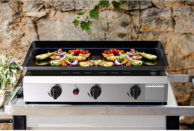 3 Burner BBQ Gas Griddle, 25.6 Inch Stainless Steel Tabletop Portable Propane Griddle, 30,000 BTU Flat Top Grill for Camping