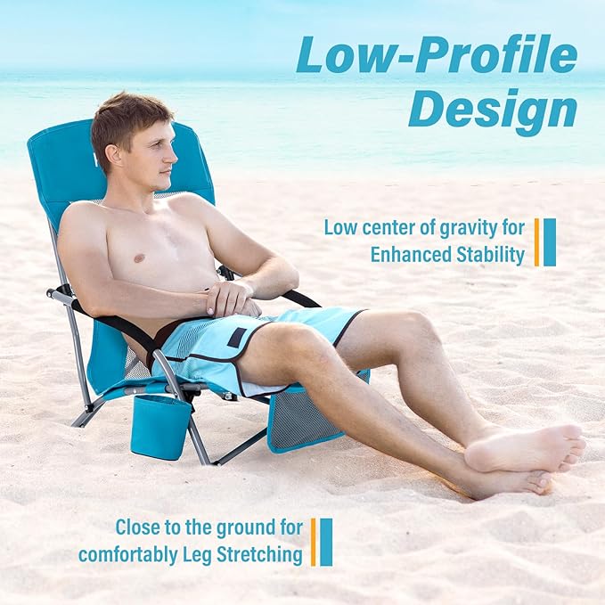 Homcosan Portable Low Folding Beach Chairs Set of 2 - Lightweight Camping Chairs for Adults with Cup Holder & Storage Pockets, Carry Bag Included (Blue)