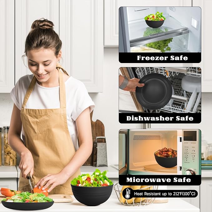 Kitchen Wheat Straw Dinnerware Sets (25pcs) Attached cleaning brush,Service For 6,Plastic Plates and Bowls Sets,Unbreakable Dinnerware,Lightweight Plastic Plate Set (black)