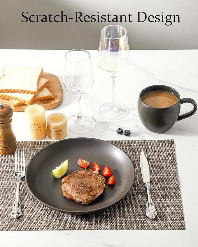 Dinner Plates Set of 2, 10 Inch Stoneware Dinnerware Dish Set for Kitchen, Large Serving Plates for Pasta Steak Assorted, Scratch Resistant, Microwave & Dishwasher Safe, Matte Black