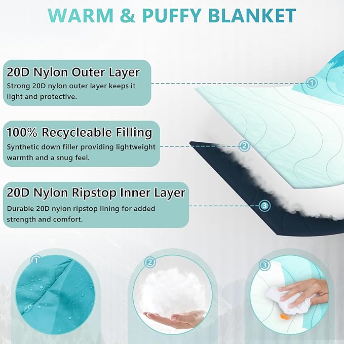 Camping Outdoor Blanket, Ultralight Down Alternative Printed Travel Camp Blankets for Sleeping Packable Waterproof Puffy Camping Quilt for Hammock Hiking Picnic Stadium Beach Cold Weather 55"x78.8"