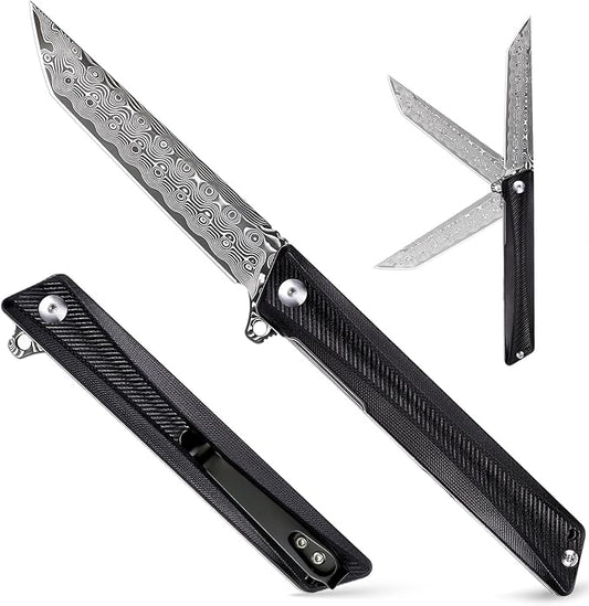 Damascus Pocket Knife GD22K, Flipper Open Tanto Blade Damascus Steel Folding Pocket Knives with Pocket Clip, G10 Handle, Men Women Sharp EDC Pocket Knife Camping Hiking Gift