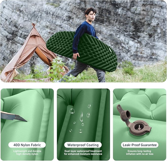 Ultralight Backpacking Sleeping Pad for Camping, with Inflatable Neck Camping Pillow, Lightweight Inflatable Sleeping Pad for Adults, Portable for Hiking, Car Travel - Durable & Comfortable