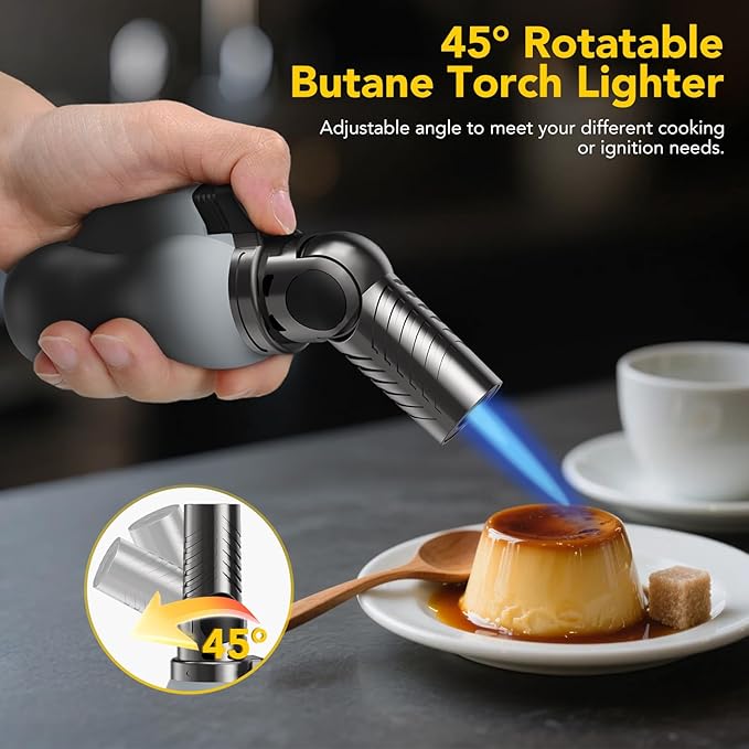 TBTeek Torch Lighter, Portable Kitchen Torch with 45° Rotatable Head and Adjustable Flame, Refillable Butane Torch Lighter for Soldering, Cooking, BBQ, Fireplaces, White-Black (Gas Not Included)