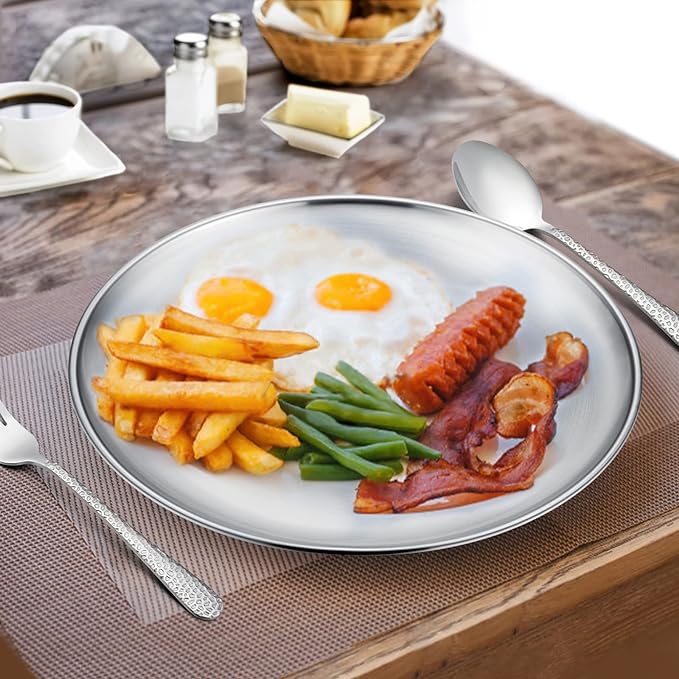 HaWare 8-Piece 18/8 Stainless Steel Plates, Metal 304 Dinner Dishes for Kids Toddlers Children, 10 Inches Feeding Serving Camping Plates, Reusable and Dishwasher Safe