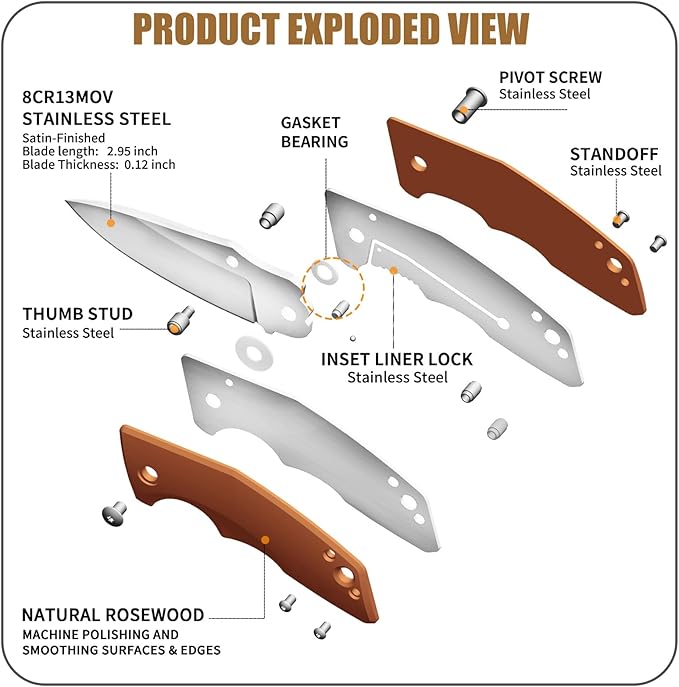 Vickay Pocket Knife, Folding Knife, 2.75" 8Cr13MoV Steel Blade, Wood Handle EDC Knife for Men & Women, Outdoor Camping, Tactical, Hunting, Hiking, Survival - Father’s Day Gift