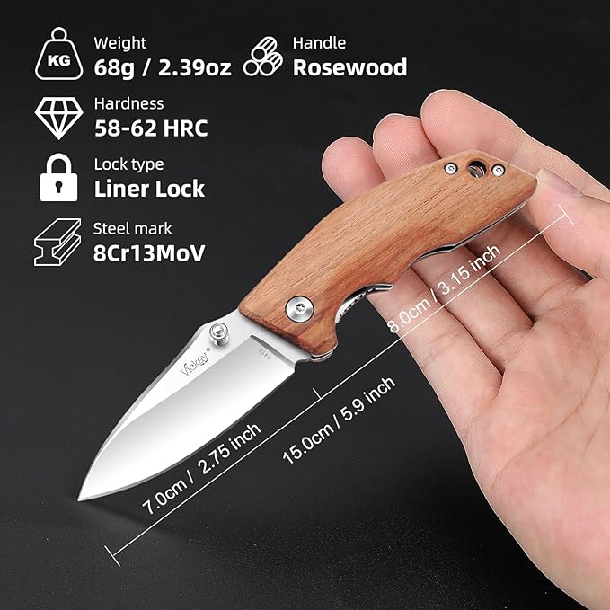 Vickay Pocket Knife, Folding Knife, 2.75" 8Cr13MoV Steel Blade, Wood Handle EDC Knife for Men & Women, Outdoor Camping, Tactical, Hunting, Hiking, Survival - Father’s Day Gift