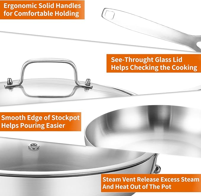 DELARLO Tri-Ply Stainless Steel 8 inch Frying Pan With Lid, Oven Safe Induction Skillet, Suitable for All Stoves Up to 600℉(Lids 300℉)