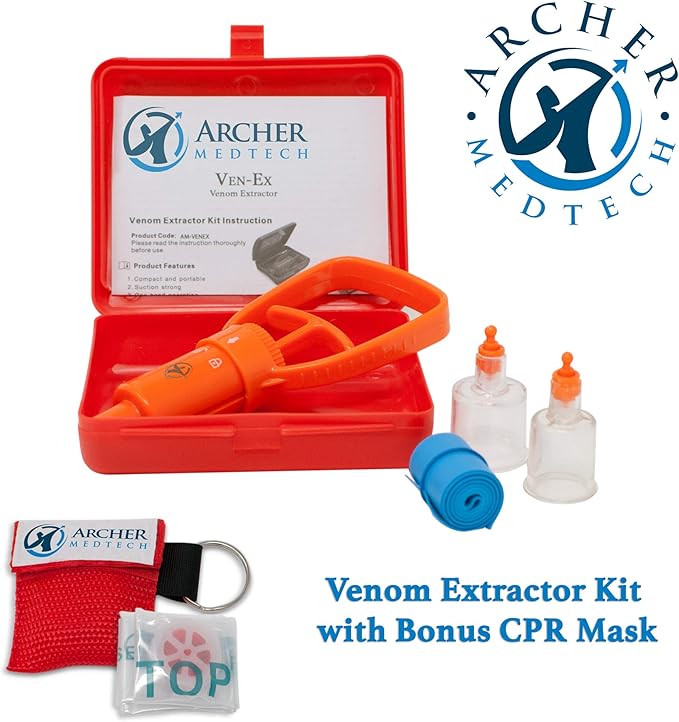 Archer MedTech Ven‑Ex Snake Bite & Bee Sting Kit – Portable Venom Extractor Pump with 2 Suction Cups, Tourniquet & Bonus Key‑chain CPR Face Shield – Compact First Aid for Hiking, Camping & Backpacking