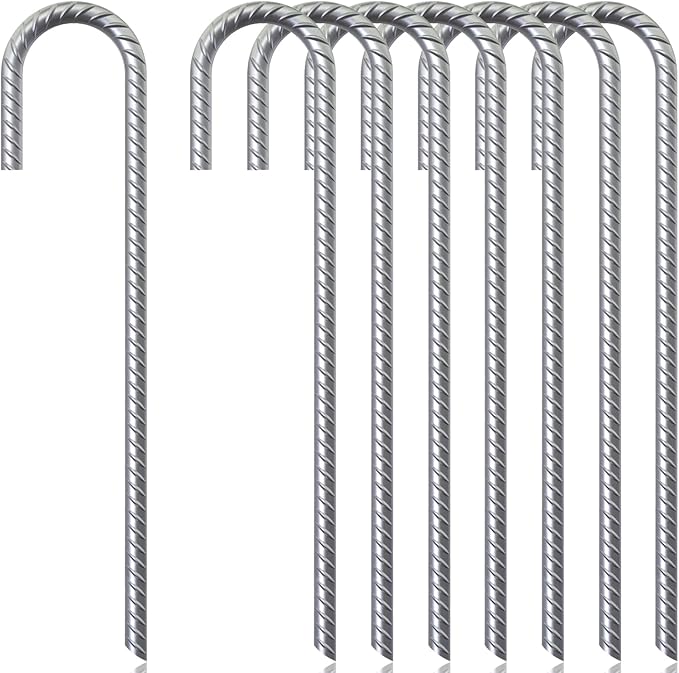 ASDFGHT J Hook Rebar Stakes 12 & 16 Inch (Black or Silver), Heavy Duty Professional Quality Ground Anchors for Chainlink Fence, Sports nets, Camping, Trampolines, Irrigation Pipes and Garden