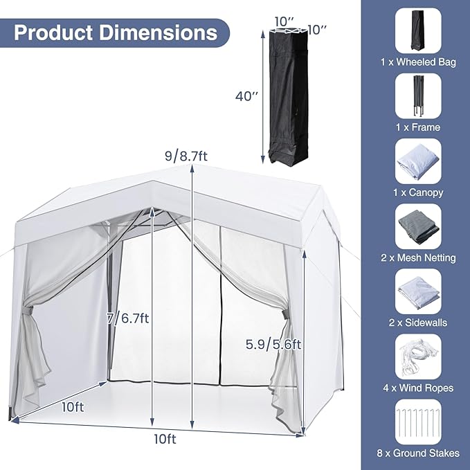 Tangkula 10x10Ft Pop up Canopy with Sidewalls, UPF50+ Portable Outdoor Screen Tent with Mesh Netting, Wheeled Bag, 8 Stakes, 4 Wind Ropes, Easy Set-Up Canopy Tent for Beach Party Event Camping (White)