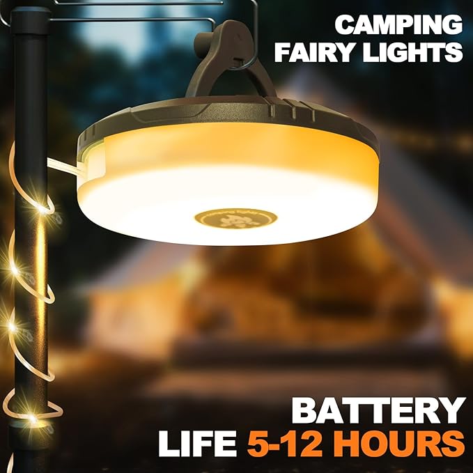 Camping String Lights 32.9FT/10 M Rollable, USB Portable Rechargeable Camping LED String Lights for Hiking Travel AWN Tent Yard Garden Decoration and Holiday Gift-Color