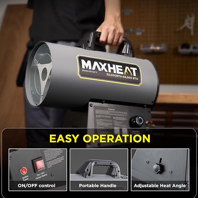 InoKraft MaXheat MH68 68,000 BTU Forced Air Propane Heater, Portable for Garage, Adjustable Liquid Propane Torpedo for Shop, Jobsite, Construction Sites - Hose Regulator 10ft