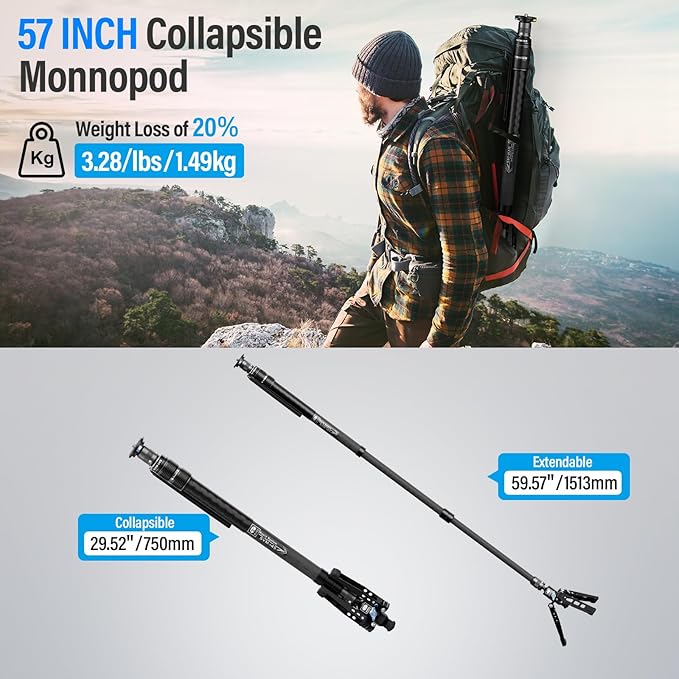 SIRUI SVM-145 Rapid Monopod with Feet, 57” Professional Carbon Fiber Camera Monopod, One-Step Rapid Height Adjustment, Lightweight Travel for DSLR Camera, Modular 3 in 1, Max Load 22lbs