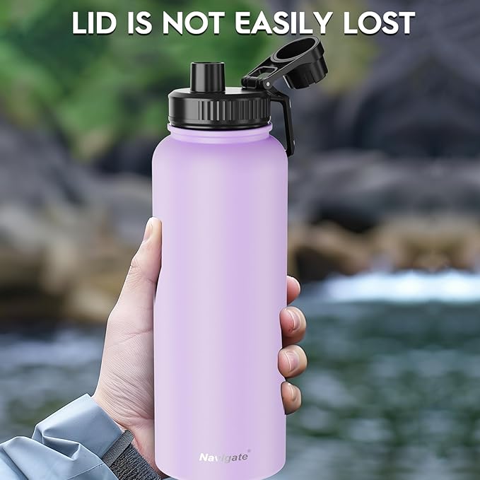 Navigate 40 oz Stainless Steel Insulated Water Bottle,Double Walled Leak Proof Keep Cold for 24 Hrs Hot for 12 Hrs,Wide Mouth Water Jug with Spout & Handle Lids,Purple