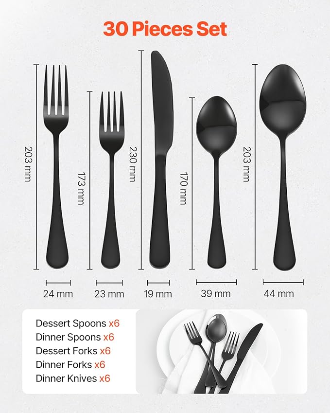 VEVOR 30-Piece Black Silverware Set, Food-Grade Stainless Steel Flatware Utensils for 6, Mirror Finished Cutlery Set, Dishwasher Safe Eating Tableware for Kitchen Home, Include Knife Fork Spoon
