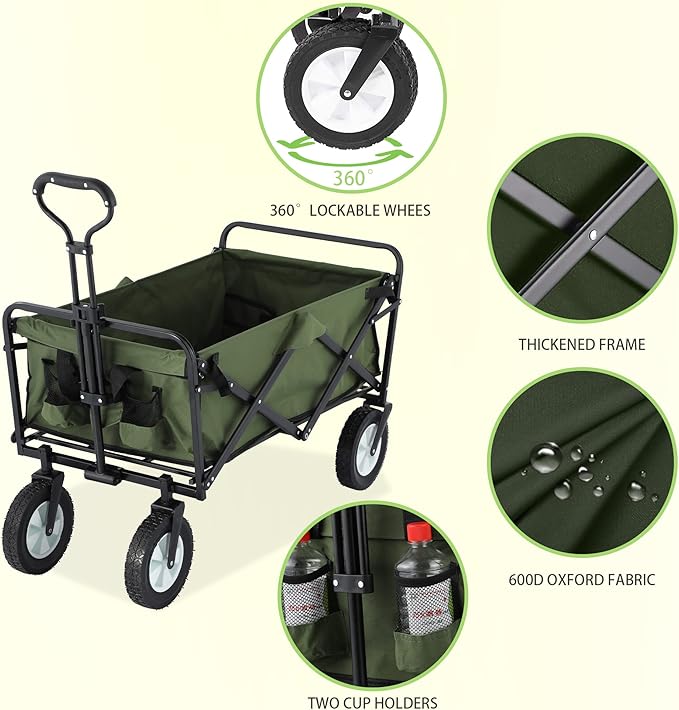 220 lbs Capacity Folding Wagon, Utility Garden Cart Collapsible with Wheels for Outdoor Camping, Green