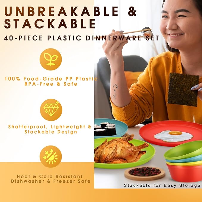 Tropical Plastic Dinnerware Set – 40-Piece Colorful Unbreakable Plates and Bowls Set for 8 with Cups, Forks, Knives, Spoons – Reusable Kids Dishes for Birthday Party, Camping, Picnic, Everyday Use