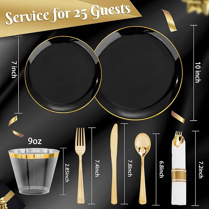 KIRE 175Pcs Black Plates Disposable - Heavy Duty Black and Gold Plastic Plates- 25 for Dinner 25 for Dessert 25 Pre Rolled Gold Silverware and 25 Cups for Birthday Party/Halloween/New Year