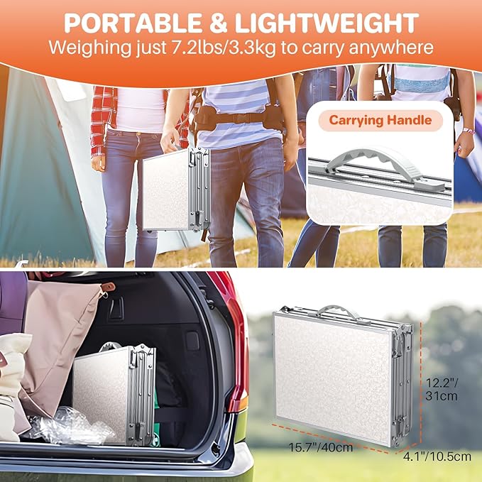 FUNYKICH 3ft Folding Camping Table with 3 Adjustable Height, 34.2'' Lx15.7'' W Portable Picnic Tables, Lightweight Aluminum Outdoor Table with Carry Handle for Camping, Backyard Party, Picnic, Beach