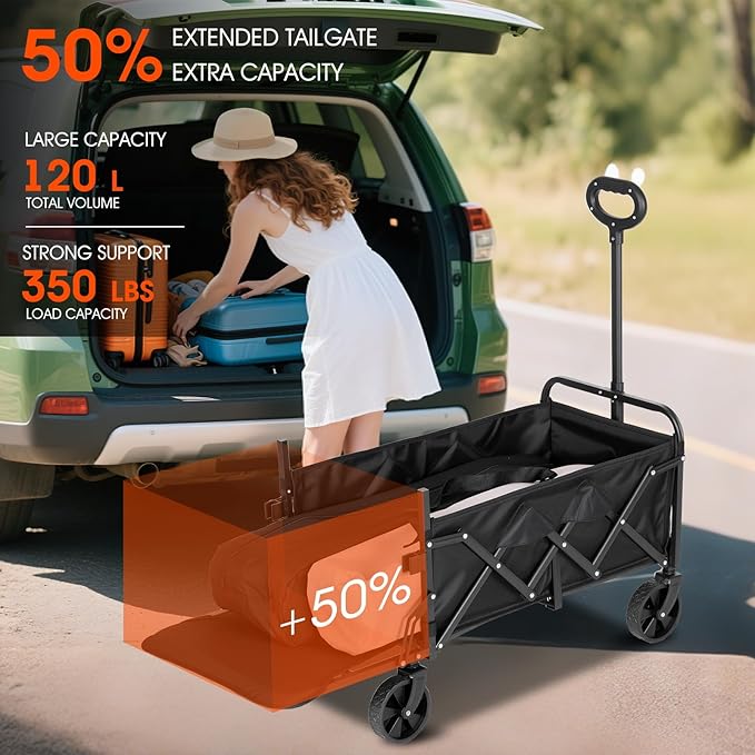 Folding Camping Wagon with Extended Tailgate, Portable Lightweight Utility Cart with Wheels, 350LBS Capacity Collapsible Beach Wagon for Outdoor, Groceries, Picnic, Travel - Compact & Easy Storage