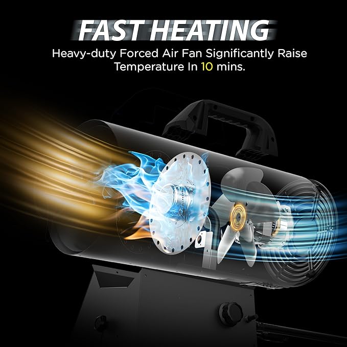 InoKraft MaXheat MH68 68,000 BTU Forced Air Propane Heater, Portable for Garage, Adjustable Liquid Propane Torpedo for Shop, Jobsite, Construction Sites - Hose Regulator 10ft