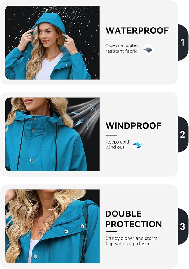 Zando Long Packable Rain Jacket Women Waterproof - Raincoat for Women Rain Coat with Hood Lightweight Outdoor Windbreaker