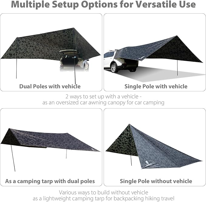 GEERTOP Large Car Awning Tarp for Camping Backpacking Tarp SUV Tailgate Truck Canopy Sun Shade Waterproof Outdoor Rear Vehicle Awning Shelter for Van, MPV, Campers