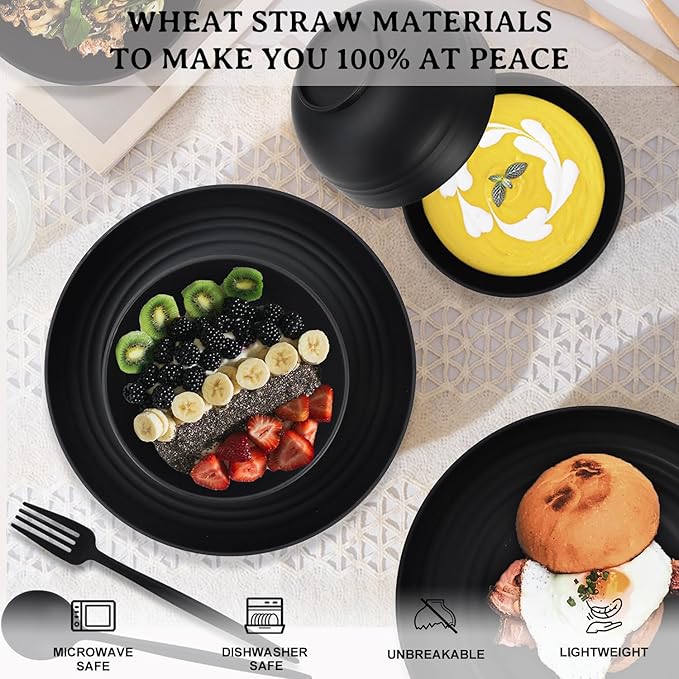 28-Piece Wheat Straw Dinnerware Sets, Microwave & Dishwasher Safe Unbreakable Dinnerware Set, Reusable Dishware Sets, Lightweight Camping Dishes, Plates, Cups, Cereal Bowls for 4οΌBlackοΌ