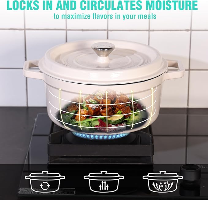 HAUSHOF 5.3QT Enameled Cast Iron Dutch Oven with Lid, Non-Stick Pot for Sourdough Bread Baking, Stewing, Rosting, Oyster White