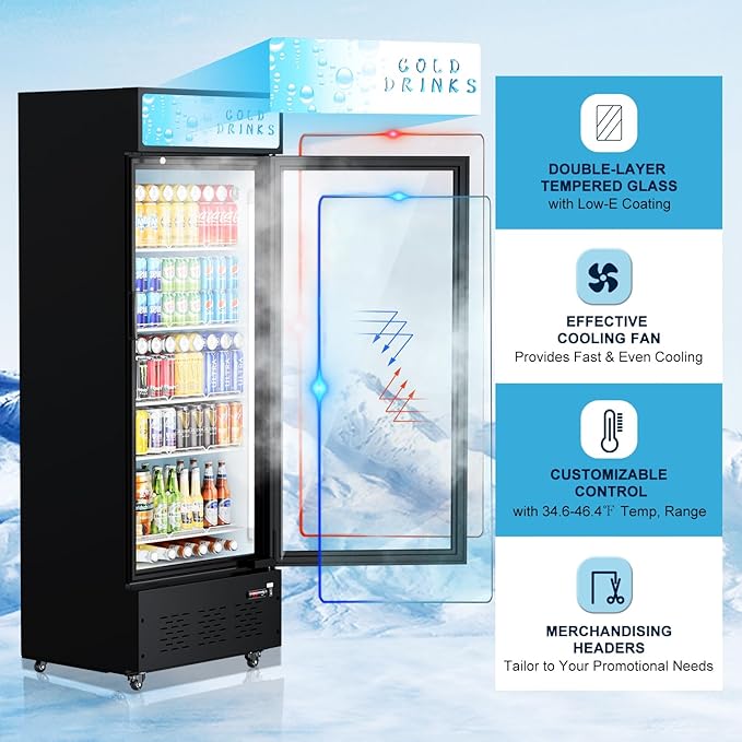 Commercial Glass Door Display Refrigerator 15 cu.ft Commercial Beverage Refrigerators with LED Light and 5 Shelves for Cafe, Restaurant, Store, Bar